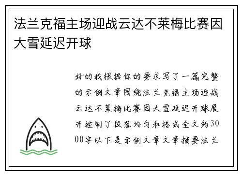 法兰克福主场迎战云达不莱梅比赛因大雪延迟开球